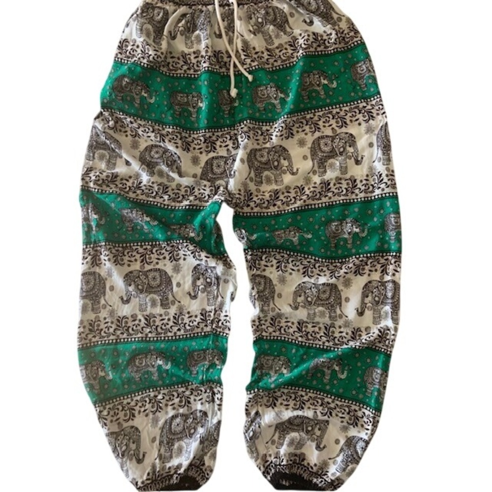 Elephant Print Pants Yoga Small 100% Rayon Boho Harem 24" Waist Festival EUC